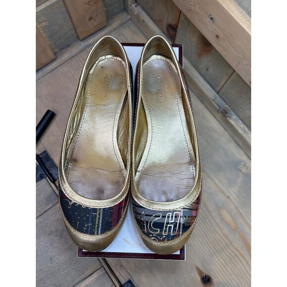 US6 COACH Tartan Plaid Gold Metallic True Graffiti Flats Slip On - Picture 5 of 7